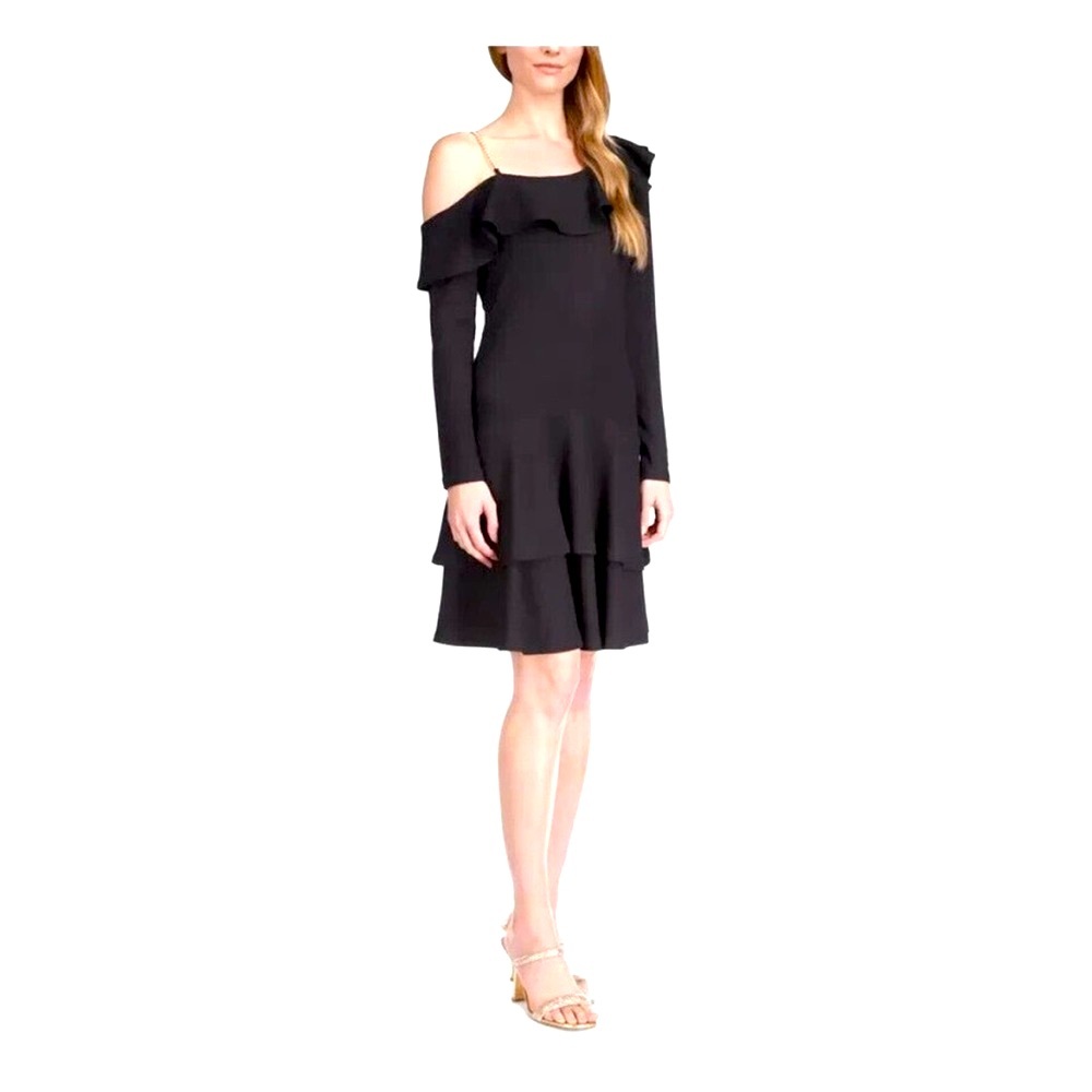 New Michael Kors Black Drop Waist Cocktail Dress Ruffle Hem and Neckline